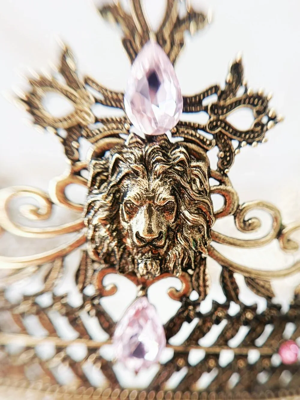 Vintage Style Gold Lion Crown with Pink Crystals, Royal King Queen Headpiece
